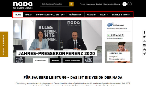 Die Startseite der NADA-Homepage mit hervorgehobenen Haupt-Bereichen.
