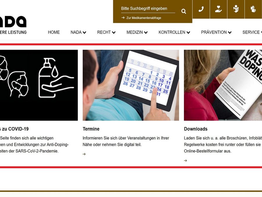 Die Startseite der NADA-Homepage mit hervorgehobenem Bereich zu COVID-19, Termine und Dokumente.