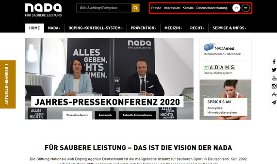 Die Startseite der NADA-Homepage mit hervorgehobener Navigation.