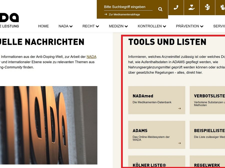 Die Startseite der NADA-Homepage mit hervorgehobenem Bereich zu Tools und Listen.