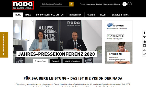 Die Startseite der NADA-Homepage mit hervorgehobenem Logo.