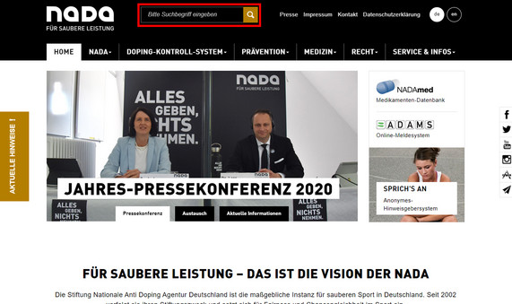 Die Startseite der NADA-Homepage mit hervorgehobener Suchleiste.