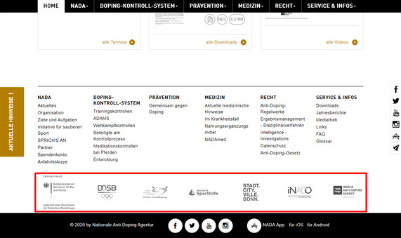 Die Startseite der NADA-Homepage mit hervorgehobenen Partnern.
