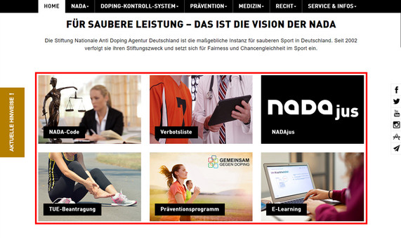Die Startseite der NADA-Homepage mit hervorgehobenen Inhalten.