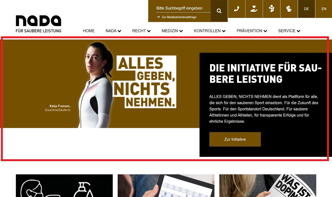 Die Startseite der NADA-Homepage mit hervorgehobenem Bereich zur Initiative "ALLES GEBEN, NICHTS NEHMEN".