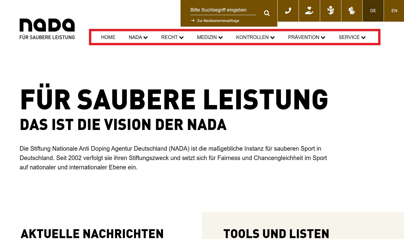 Die Startseite der NADA-Homepage mit hervorgehobenen Haupt-Bereichen.
