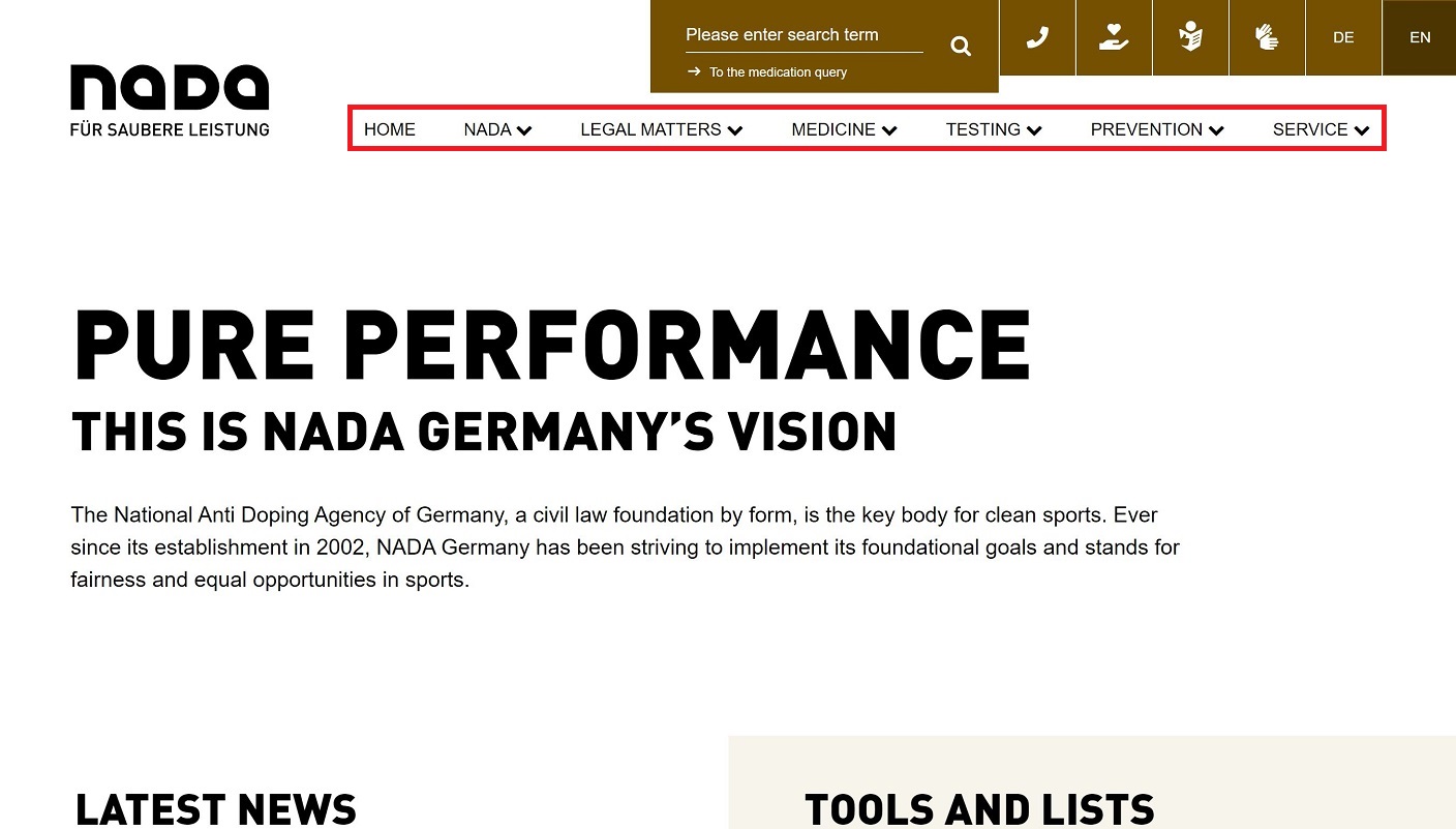 The homepage of the NADA homepage with highlighted main areas.