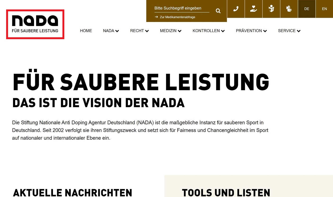 Die NADA Startseite mit hervorgehobenem Logo