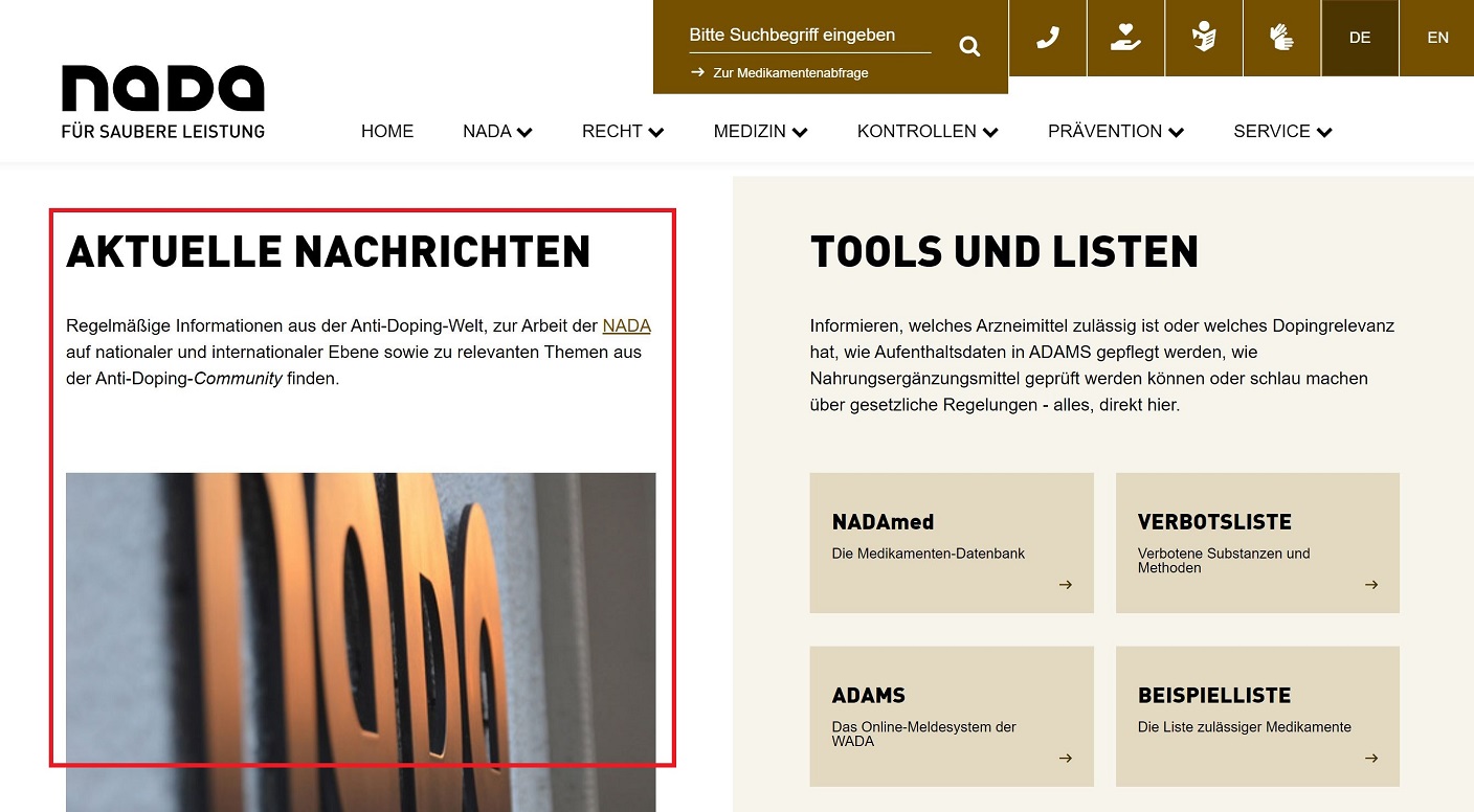 Die Startseite der NADA-Homepage mit hervorgehobenen Nachrichten-Bereichen.