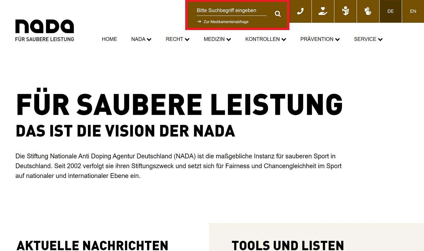 Die Startseite der NADA-Homepage mit hervorgehobener Suchleiste.
