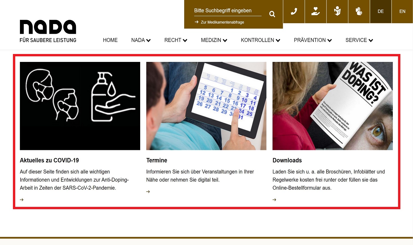 Die Startseite der NADA-Homepage mit hervorgehobenem Bereich zu COVID-19, Termine und Dokumente.