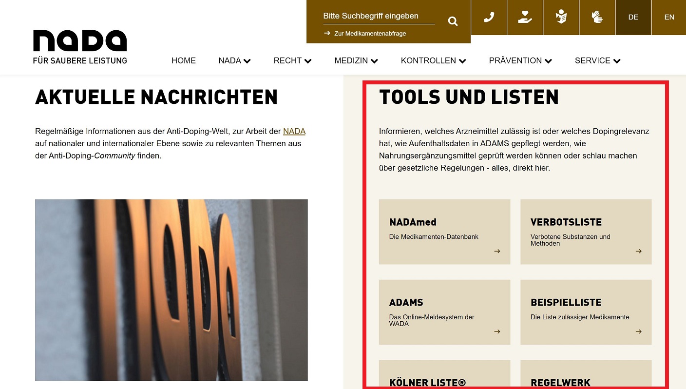 Die Startseite der NADA-Homepage mit hervorgehobenem Bereich zu Tools und Listen.